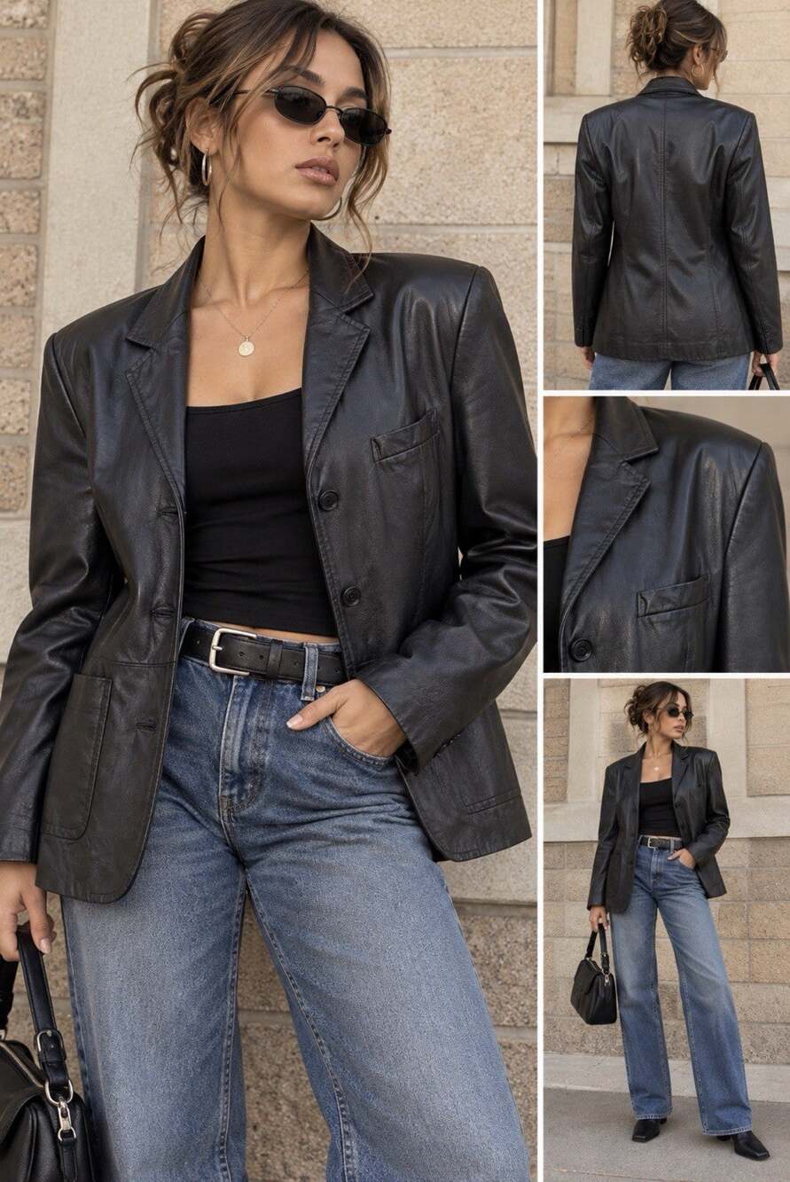 VTG Style&Co Womens 100% Genuine Leather Jacket Sz L 90s Minimalist Mob Wife 90s
